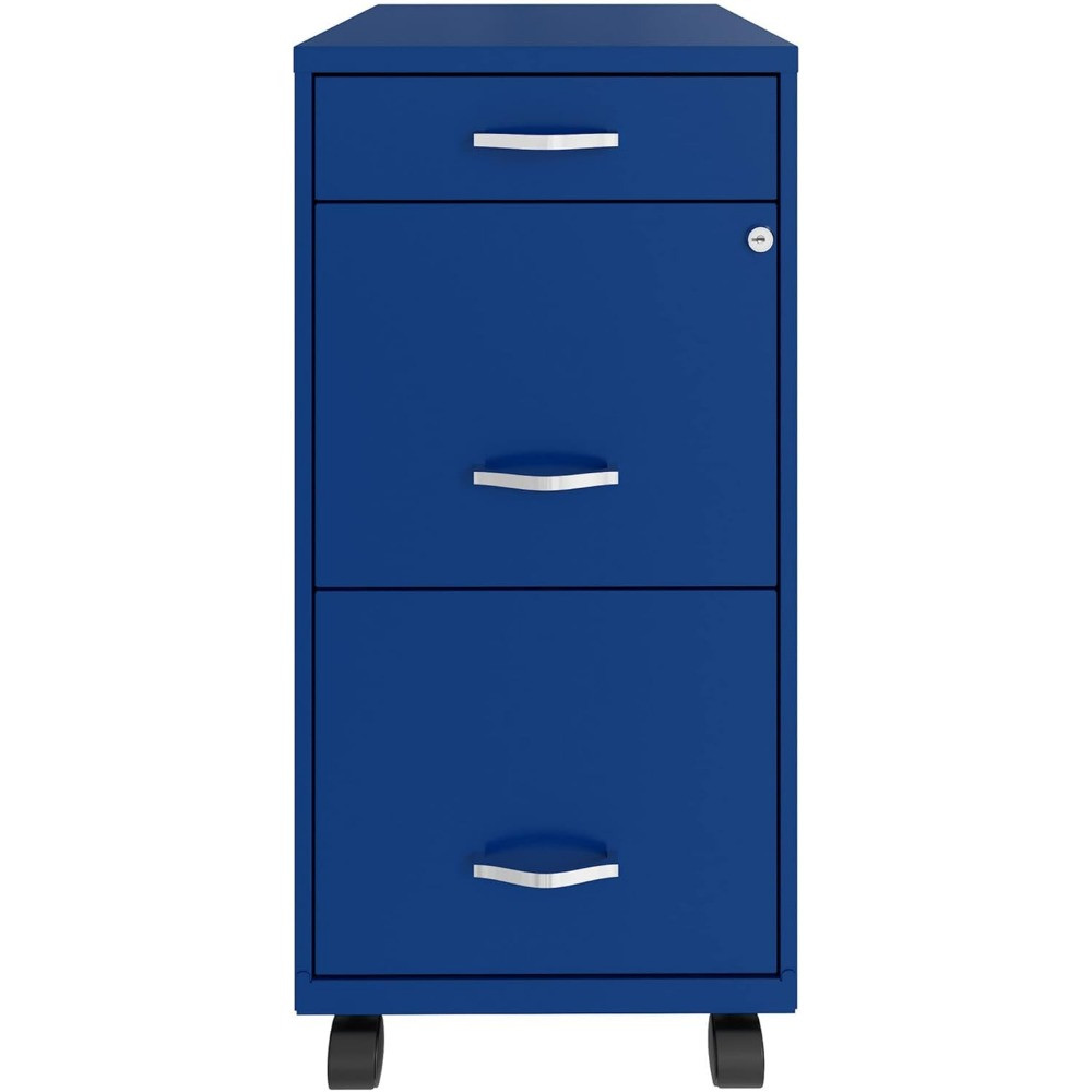 Top view of blue filing cabinet showing drawers